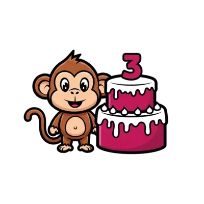 Pink tshirt with a monkey and dark pink cake with NO 3 written on it 