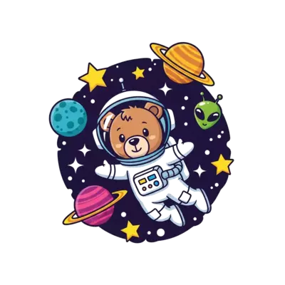 A cute cartoon baby astronaut bear floating in a whimsical space scene, surrounded by colorful planets, twinkling stars, and a friendly alien, in a vibrant, playful style.
