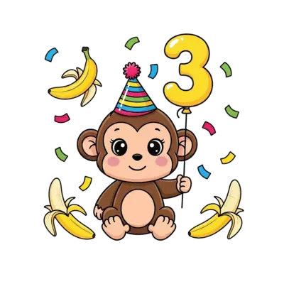 A super cute cartoon baby monkey with a party hat, holding a balloon shaped like the number 3, with confetti and bananas around, in a vibrant, friendly style, illustration for 'Kyra'.