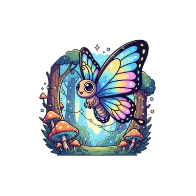 A whimsical cartoon butterfly with sparkling, iridescent wings, flying through a dreamy forest with glowing mushrooms and tiny fairy lights, in a soft, magical anime art style, vibrant colors