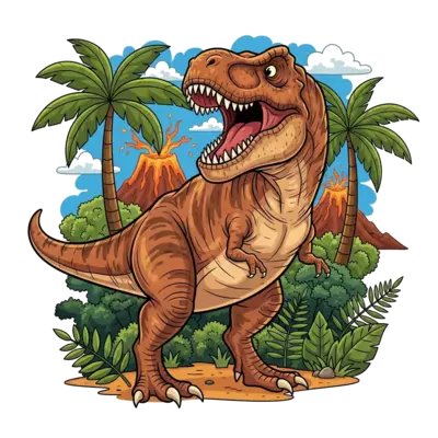 A majestic Tyrannosaurus Rex in a detailed, realistic style, roaring amidst a prehistoric jungle, with dramatic lighting and earthy tones.