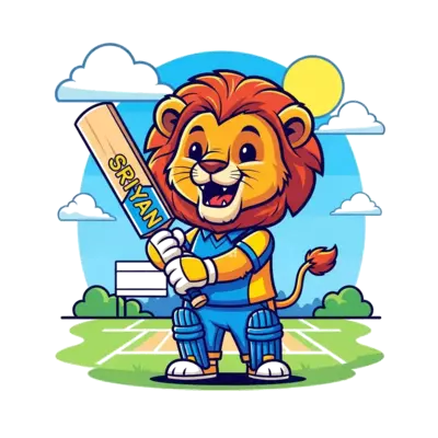 A cheerful cartoon lion cub in a cricket uniform, holding a bat and smiling, with the name 'Sriyan' subtly integrated into the design. The background is a simplified cricket pitch with a sunny sky, vibrant and playful art style.