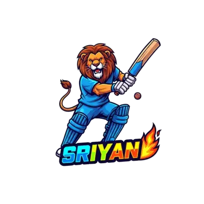 A bold illustration of a majestic lion playing cricket, mid-swing, with a dynamic action pose. The name 'Sriyan' is written in a sporty font below, with bright, energetic colors and a modern graphic design feel.