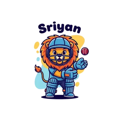 A cute, stylized lion mascot wearing a cricket helmet and pads, ready to catch a ball, with 'Sriyan' written above in a friendly, rounded font. The scene is set against a simple, colorful abstract background, in a whimsical cartoon style.