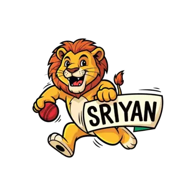 A playful design featuring a lion cub running with a cricket ball, looking determined and happy. The name 'Sriyan' is incorporated into a fun banner or badge, with a bright and engaging color palette, in a hand-drawn, illustrative style.