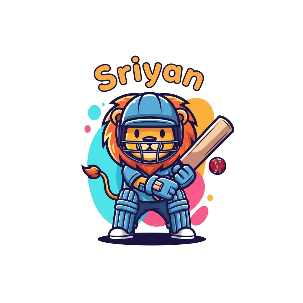 Custom design: A cute, stylized lion mascot wearing a cricket helmet and pads, ready to catch a ball, with 'Sriyan' written above in...