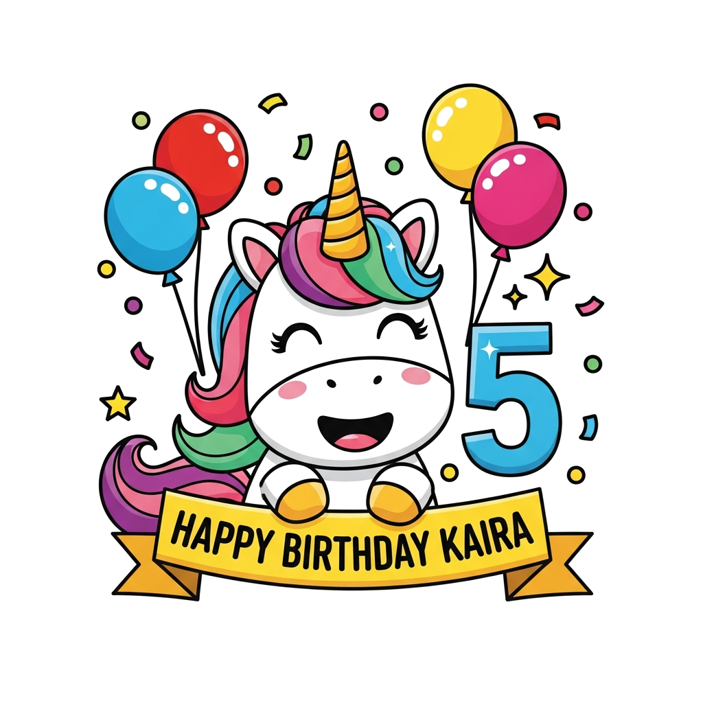 Custom design: A super cute cartoon unicorn, smiling brightly, with a sparkly '5' next to it. The unicorn is surrounded by colorful ...