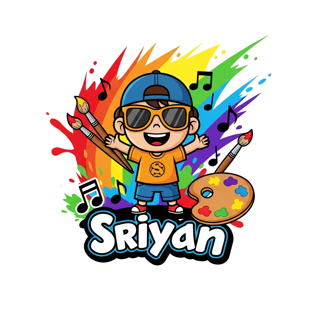 Custom design: A vibrant cartoon illustration of a happy child named 'Sriyan' surrounded by musical notes, paint brushes, and a rain...