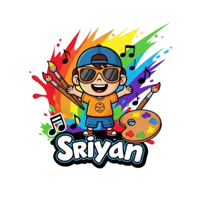 Design: A vibrant cartoon illustration of a happy child named 'Sriyan' surrounded by ...