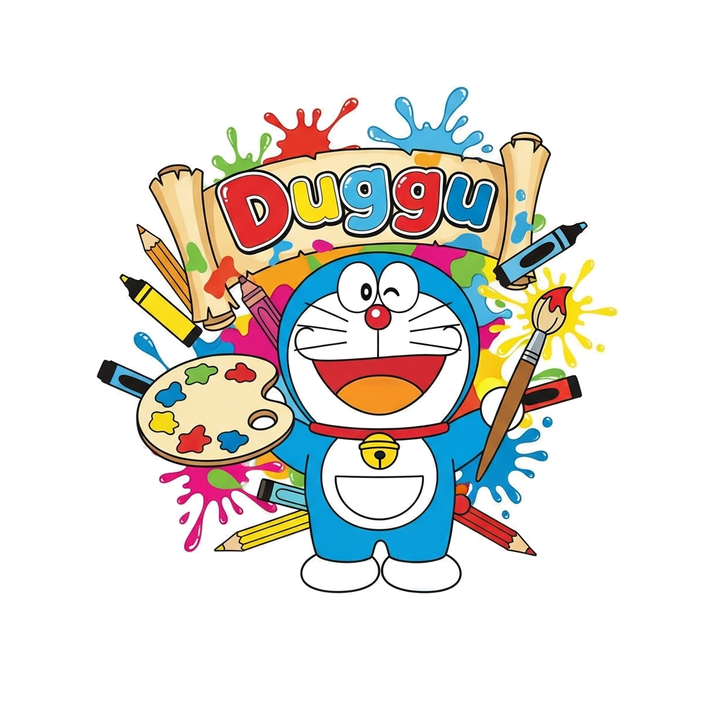 Custom design: A cheerful Doraemon character holding a paint palette and a paintbrush, with colorful splatters and art supplies arou...