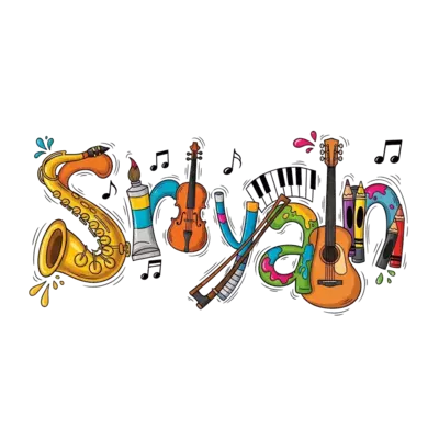 A whimsical scene with the name 'Sriyan' formed by colorful musical instruments and art supplies, like a guitar, piano keys, paint tubes, and crayons, all in a dynamic, flowing composition.