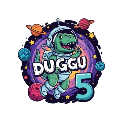 A cheerful cartoon T-Rex astronaut floating through a vibrant galaxy, surrounded by colorful planets, stars, and a prominent number '5'. Text 'Duggu' is playfully integrated into the cosmic scene. Bold and bright illustration style.