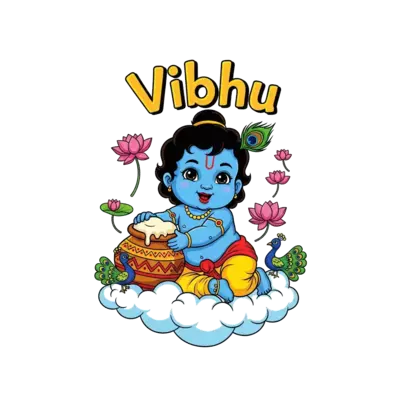 A super cute, chubby baby Krishna character, playfully holding a butter pot, surrounded by floating lotus flowers and tiny cartoon peacocks, with the name 'Vibhu' elegantly integrated into a whimsical cloud, vibrant and cheerful cartoon style.