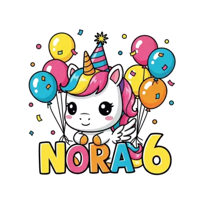 A super cute, chibi-style cartoon unicorn with a sparkly party hat, surrounded by colorful balloons and confetti, with 'Nora 6' playfully integrated into the scene, vibrant colors and soft outlines.