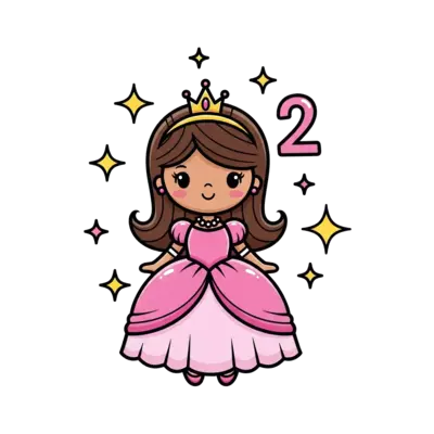 A cute cartoon princess character with light brown skin and dark hair, wearing a lovely pink gown and a tiny crown, surrounded by sparkling stars and the number '2', in a whimsical, joyful style.