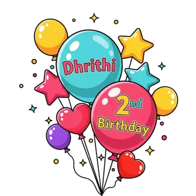 A vibrant cartoon illustration of a cheerful collection of balloons in various shapes and sizes (round, star, heart), with 'Dhrithi' written playfully on one large balloon and '2nd Birthday' on another, surrounded by tiny sparkling confetti, in a cute, colorful, and joyful style.