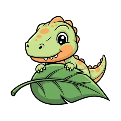 A cheerful, cute cartoon baby T-Rex with big friendly eyes, playfully peeking from behind a giant green leaf, in a vibrant, soft pastel color palette, studio lighting, vector illustration style.