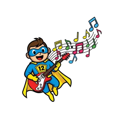 A cute cartoon superhero character, flying high while playing an electric guitar, with musical notes forming a dynamic trail. A bold number '12' is integrated into the design, perhaps on the superhero's chest emblem or as a backdrop element. Vibrant, energetic style with bright colors.
