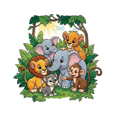 A whimsical illustration of a group of diverse baby animals (a lion cub, a baby elephant, a little monkey) playing together in a lush green jungle, highly detailed, cartoon style, vibrant colors, sunshine filtering through leaves.
