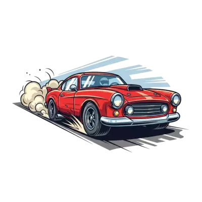 A vibrant, realistic illustration of a classic red race car speeding down a track, with subtle motion blur in the background, dust clouds trailing, dynamic angle, bright and energetic colors, detailed chrome accents, for a child's design.