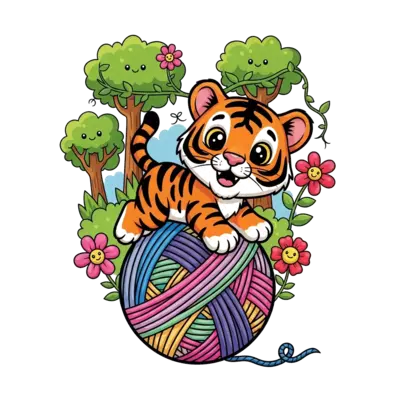 A super cute and playful cartoon Bengal tiger cub, with big friendly eyes and bright orange stripes, pouncing happily on a giant, colorful yarn ball in a whimsical jungle setting. The scene is bursting with vibrant colors and joyful energy.