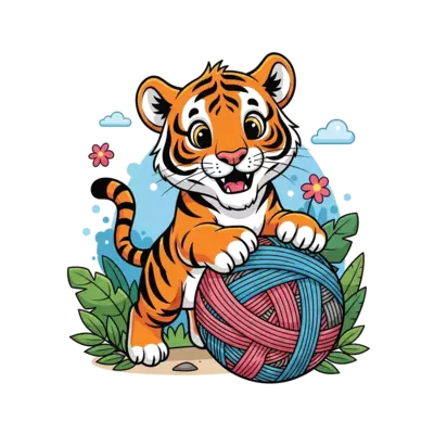 A super cute and playful cartoon Bengal tiger cub, with big friendly eyes and bright orange stripes, pouncing happily on a giant, colorful yarn ball in a whimsical jungle setting. The scene is bursting with vibrant colors and joyful energy.