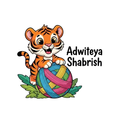 A super cute and playful cartoon Bengal tiger cub, with big friendly eyes and bright orange stripes, pouncing happily on a giant, colorful yarn ball in a whimsical jungle setting. The scene is bursting with vibrant colors and joyful energy. Add name Adwiteya Shabrish 