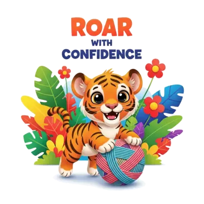 A super cute and playful cartoon Bengal tiger cub, with big friendly eyes and bright orange stripes, pouncing happily on a giant, colorful yarn ball in a whimsical jungle setting. The scene is bursting with vibrant colors and joyful energy. Add name at back of T-shirt Adwiteya Shabrish in front Roar with confidence on above tiger picture