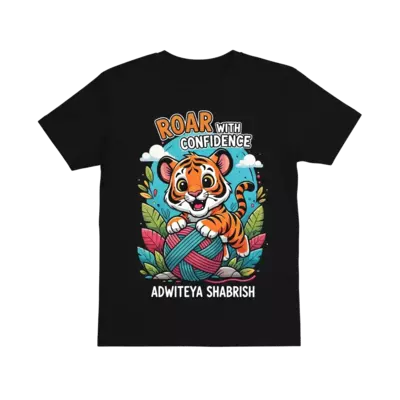 A super cute and playful cartoon Bengal tiger cub, with big friendly eyes and bright orange stripes, pouncing happily on a giant, colorful yarn ball in a whimsical jungle setting. The scene is bursting with vibrant colors and joyful energy. Add name at back of T-shirt Adwiteya Shabrish in front Roar with confidence on above tiger picture add Name Adwiteya below image