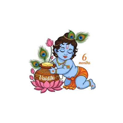 A serene illustration of baby Krishna (Bal Krishna) crawling with a pot of butter, surrounded by traditional Indian lotus flowers and peacock feathers, in a soft, intricate traditional Indian art style, with 'Vaidik' and '6 months' subtly integrated into the design.