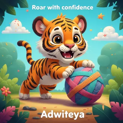A super cute and playful cartoon Bengal tiger cub, with big friendly eyes and bright orange stripes, pouncing happily on a giant, colorful yarn ball in a whimsical jungle setting. The scene is bursting with vibrant colors and joyful energy. Add name at back of T-shirt Adwiteya Shabrish in front Roar with confidence on above tiger picture add Name Adwiteya below image remove black  t-shirt background