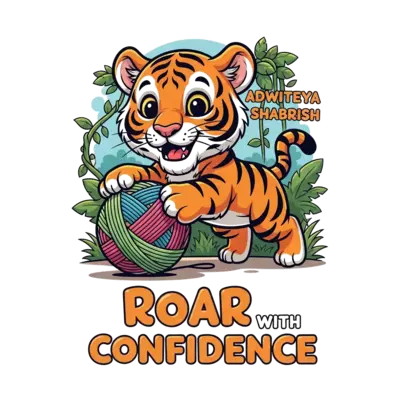 A super cute and playful cartoon Bengal tiger cub, with big friendly eyes and bright orange stripes, pouncing happily on a giant, colorful yarn ball in a whimsical jungle setting. The scene is bursting with vibrant colors and joyful energy. Add name at back of T-shirt Adwiteya Shabrish. in front Roar with confidence on above tiger picture