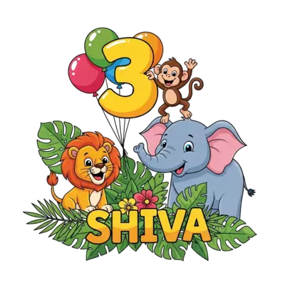 A vibrant cartoon illustration of a cheerful baby lion, a playful monkey, and a friendly elephant celebrating in a lush jungle. The number '3' is prominently displayed with colorful balloons, and 'SHIVA' is written playfully amidst tropical leaves and flowers, in a bright, energetic style.