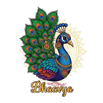 A vibrant, majestic peacock illustration with intricate feather details and traditional Indian jewelry motifs, with the name 'Bhaavya' elegantly written in a decorative script below, all in rich jewel tones against a subtle, golden rangoli pattern.
