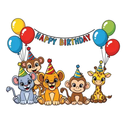 A cheerful scene with a group of adorable baby jungle animals (like a lion cub, a baby monkey, and a tiny giraffe) wearing party hats, surrounded by colorful balloons and a birthday banner, in a vibrant cartoon style.