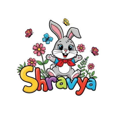 A super cute cartoon rabbit with big, friendly eyes, happily bouncing amidst colorful flowers and butterflies, with the name 'Shravya' playfully integrated into the design, vibrant and whimsical style.