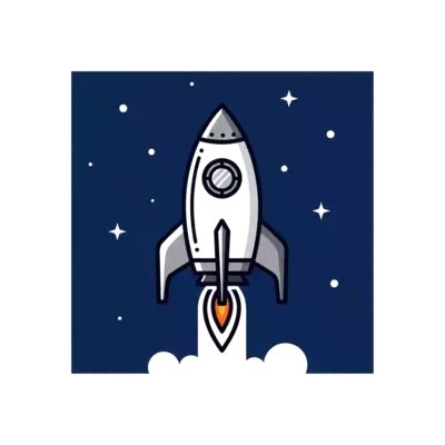A sleek, minimalist illustration of a rocket launching into a starry night sky, with clean lines and a modern color palette of deep blues, grays, and a touch of orange for the flame.