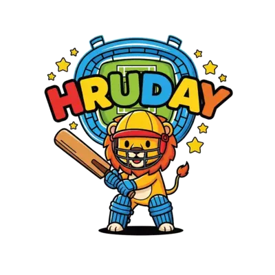 A cheerful cartoon lion cub wearing a cricket helmet and pads, holding a bat, ready to hit a ball. The name 'HRUDAY' is playfully integrated into the background with stars and a stadium outline, vibrant and energetic style.