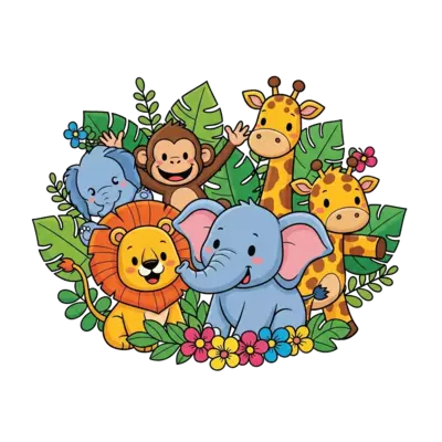 A cheerful illustration of various cute cartoon jungle animals (lion, monkey, elephant, giraffe) playing together, surrounded by bright green leaves and colorful flowers, in a vibrant, friendly style.