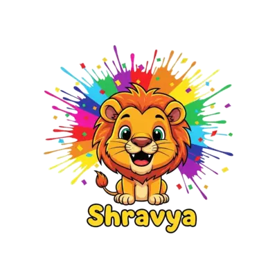 A super cute and playful cartoon lion cub, with a big friendly smile, surrounded by a burst of vibrant rainbow paint splatters and confetti. The name 'Shravya' is written in a cheerful, bubbly font below the lion, in a high-energy illustration style.