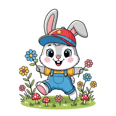A super cute, happy cartoon rabbit character with big, friendly eyes, hopping through a field of colorful flowers and tiny mushrooms, in a vibrant, playful style.