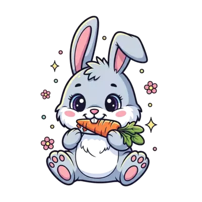 A super cute, fluffy cartoon baby rabbit with big, friendly eyes, happily munching on a carrot, surrounded by tiny sparkling stars and flowers, in a pastel color palette.