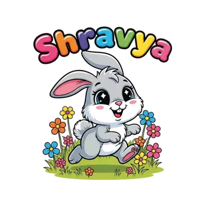 A super cute, fluffy cartoon rabbit with big, sparkling eyes, happily hopping through a field of colorful, whimsical flowers. The name 'Shravya' is playfully written in bubbly, rainbow letters above the rabbit.