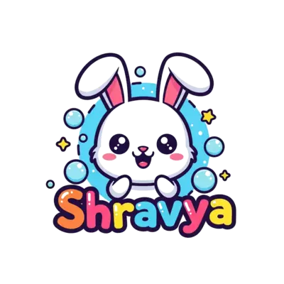 A super cute, happy cartoon rabbit character, with big friendly eyes, surrounded by floating bubbles and tiny stars, with the name 'Shravya' playfully integrated into the design, bright and cheerful colors, kawaii style illustration.