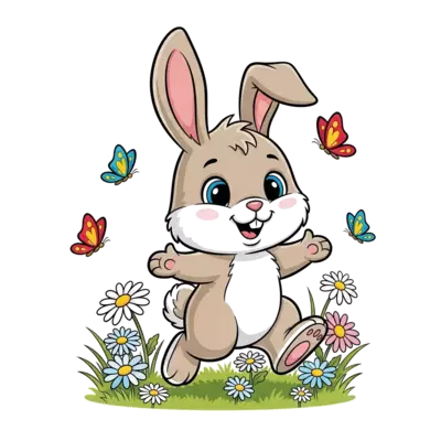A super cute cartoon baby rabbit character, with big friendly eyes and floppy ears, playfully hopping through a field of colorful daisies and butterflies, bright and cheerful illustration style.