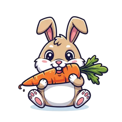 A super cute, chubby cartoon rabbit happily munching on a giant carrot, with big round eyes and a joyful expression, in a vibrant and playful kawaii style illustration.