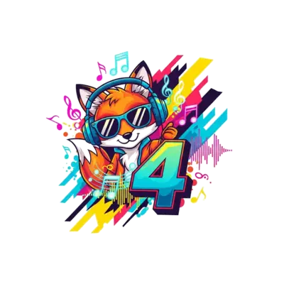 A cool, stylized cartoon character, like a fox or a bear, wearing oversized headphones and sunglasses, surrounded by vibrant, glowing musical notes and abstract sound waves. The number '4' is creatively integrated into a dynamic, energetic background, with bold lines and bright, contrasting colors.
