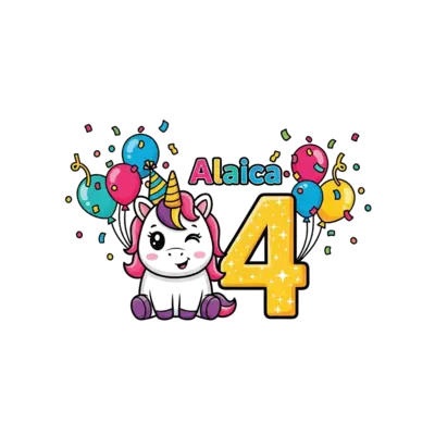 A super cute, chubby cartoon unicorn wearing a tiny party hat, winking, with a big sparkly number '4' beside it, surrounded by colorful balloons and confetti, in a cheerful, vibrant style, with the name 'Alaica' playfully integrated.