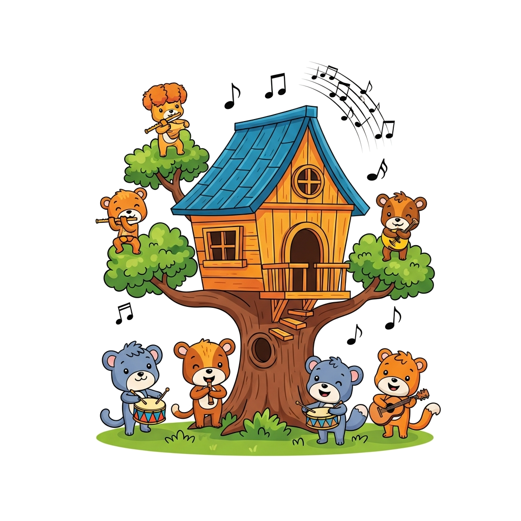 Custom design: A charming cartoon treehouse with musical notes gently floating around it, surrounded by friendly, smiling forest ani...