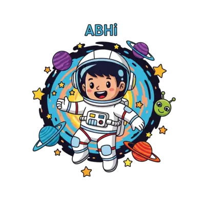 A cheerful cartoon astronaut named 'Abhi' floating happily in a vibrant galaxy, surrounded by colorful stars, planets, and a friendly alien, in a bright and playful style.